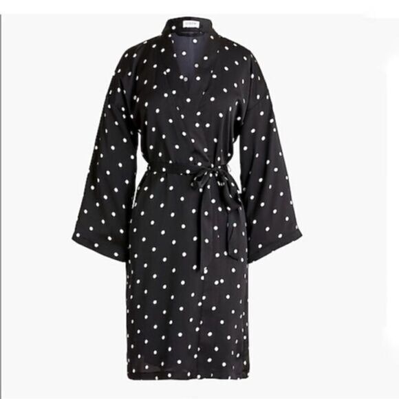 J. Crew Black White Polka Dot Satin Short Belted Robe - Picture 1 of 9